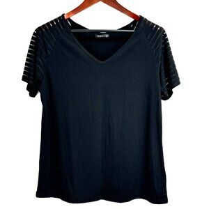 Miholl Women's Black V-Neck Top With Sheer Striped Sleeves - Size Large